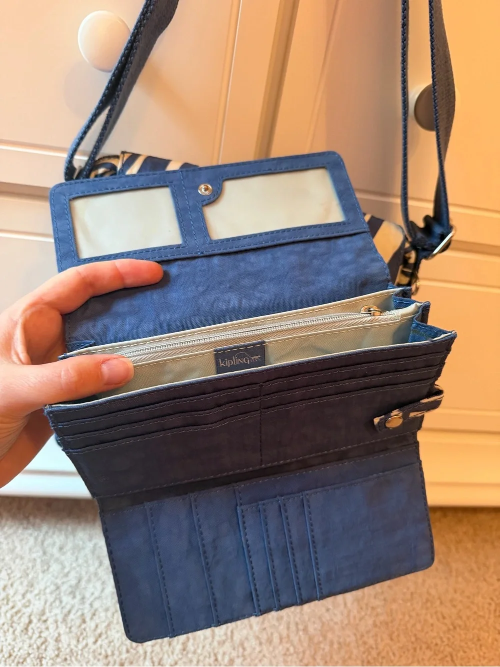 Kipling blue white Shana crossbody bag with matching full size wallet set